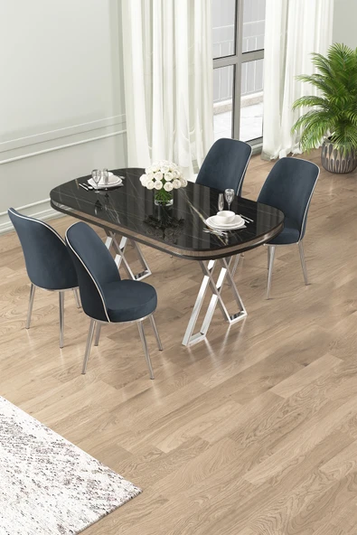 Canisa Lai Serisi 90x168 Lak Panel Sonata Masa ve 4 Antrasit Sandalye Krom Kaplama Ayak ürün görseli 1