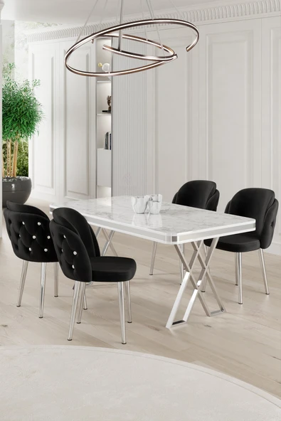 Canisa Rigel Serisi 80x130 Lak Panel Beyaz Mermer Desen Masa Takımı Krom Ayaklı 4 Siyah Sandalye ürün görseli 1