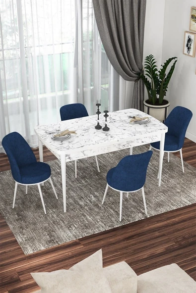 Canisa Kor Serisi 70x114 Açılabilir Mutfak Masası Takımı Beyaz Mermer Desen Masa 4 Lacivert Sandalye ürün görseli 1