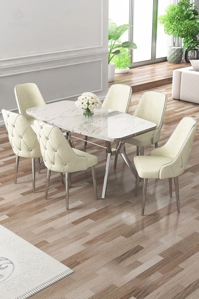 Canisa Asel Serisi 90x160 Lak Panel Beyaz Mermer Desen Krom Kaplama Ayaklı Masa Takımı ve 6 Krem Sandalye ürün görseli 1