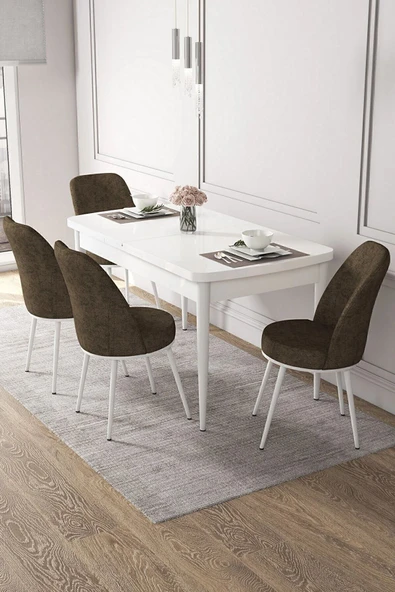 Canisa Concept Kor Serisi, Beyaz 70x114 Açılabilir Mutfak Masa Takımı, 4 Kahve Sandalye ürün görseli 1