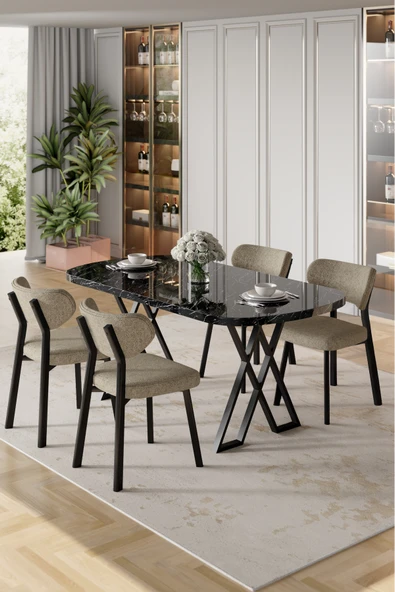 Canisa Axton Serisi Sabit Mdf 90x168 Siyah Mermer Desen Mutfak Masa Takımı 4 Cappucino Sandalye ürün görseli 1