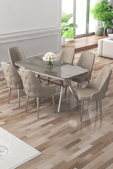 Canisa Asel Serisi 90x160 Lak Panel Antrasit İroni Krom Ayaklı Masa Takımı ve 6 Cappucino Sandalye ürün görseli 1