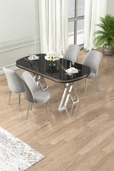Canisa Lai Serisi 90x168 Lak Panel Sonata Masa ve 4 Gri Sandalye Krom Kaplama Ayak ürün görseli 1