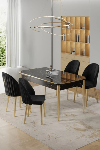 Canisa Rada Serisi 80x132 Açılabilir Lak Panel Siyah Mermer Desen Masa 4 Siyah Sandalye Gold Detay ürün görseli 1
