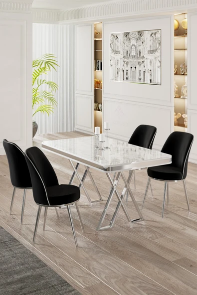 Canisa Vals Serisi 80x130 Lak Panel Beyaz Mermer Desen Masa Takımı Krom Ayaklı 4 Siyah Sandalye ürün görseli 1