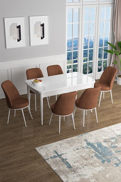 Canisa Han Serisi, Beyaz 70x114 Açılabilir Mdf Mutfak Masa Takımı, 6 Kiremit Sandalye ürün görseli 1