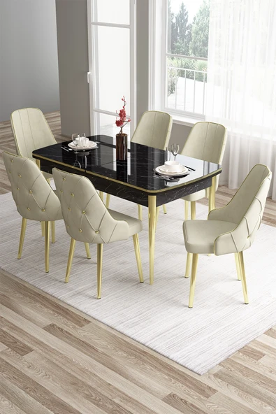 Canisa Tia Serisi 80x132 Açılabilir Mdf Siyah Mermer Desen Mutfak Masası Ve 6 Krem Sandalye ürün görseli 1