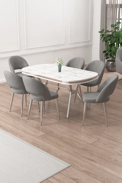 Canisa Jita Serisi 90x168 Lak Panel Beyaz Mermer Desen Krom Ayak Masa Takımı ve 6 Gri Sandalye ürün görseli 1