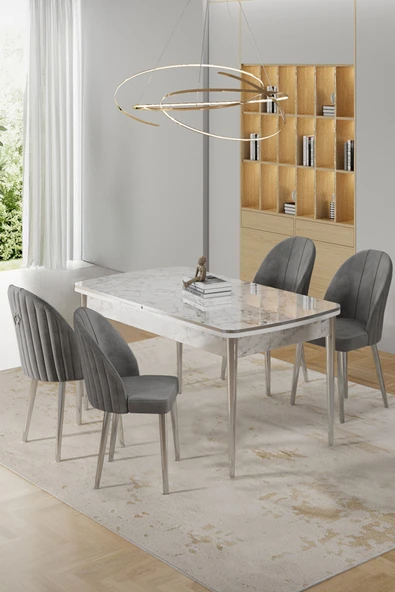 Canisa Rada Serisi 80x132 Açılabilir Lak Panel Beyaz Mermer Desen Masa 4 Gri Sandalye Krom Detay ürün görseli 1