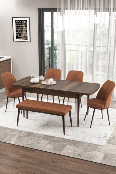 Canisa Concept Zen Serisi 80x132 Mdf Açılabilir Barok Ahşap Desen Masa Takımı 4 Kiremit Sandalye Ve 1 Bench ürün görseli 1