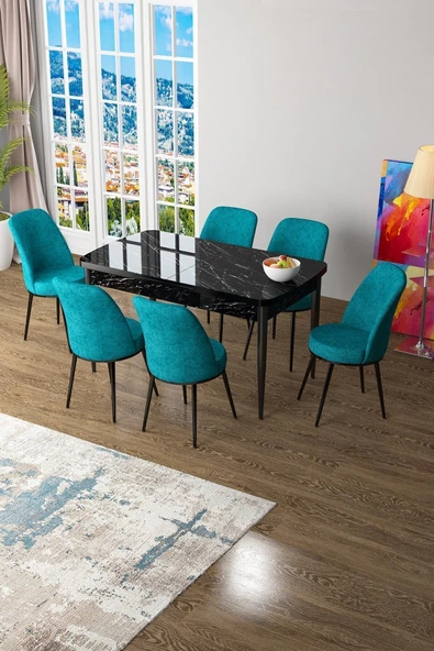 Canisa Concept Zen Serisi 80x132 Mdf Açılabilir Siyah Mermer Desen Masa Takımı Ve 6 Turkuaz Sandalye ürün görseli 1