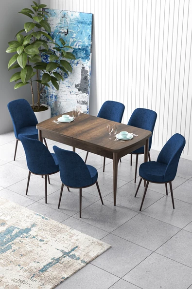 Canisa Zen Serisi 80x132 Mdf Açılabilir Barok Ahşap Desen Masa Takımı Ve 6 Lacivert Sandalye ürün görseli 1