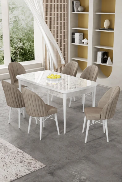 Canisa Gale Serisi 80x132 Açılabilir Lak Panel Beyaz Mermer Desen Mutfak Masa Takımı 6 Sandalye ürün görseli 1