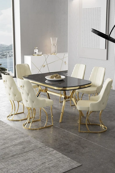 Canisa Epal Serisi 90x168 Lak Panel Siyah Mermer Desen Masa Takımı Gold Ayaklı 6 Krem Sandalye ürün görseli 1