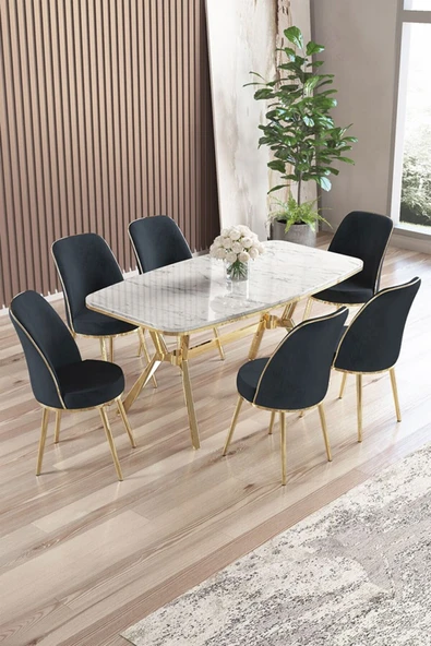 Canisa Lena Serisi 90x160 Lak Panel Beyaz Mermer Desen Gold Ayaklı Masa Takımı ve 6 Antrasit Sandalye ürün görseli 1