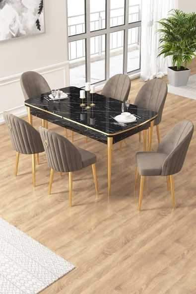Canisa Edaf Serisi 80x132 Açılabilir Siyah Mermer Desen Mutfak Masa Takımı 6 Sandalye Gold Detay ürün görseli 1