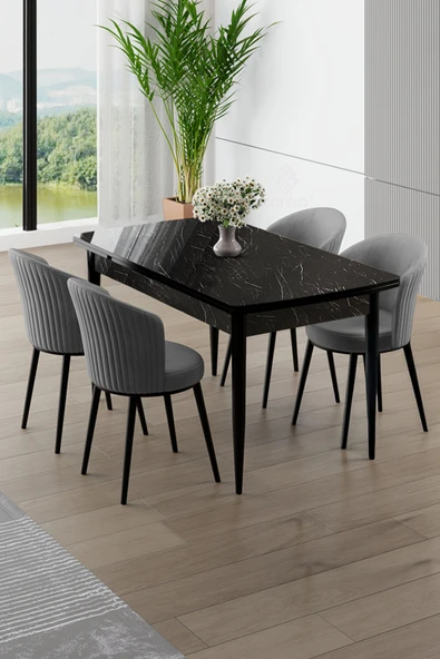 Canisa Asfel Serisi MDF 77x130 Siyah Mermer Desen Yandan Açılabilir Mutfak Masa Takımı 4 Gri Sandalye ürün görseli 1