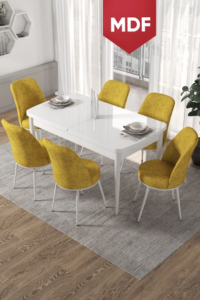 Canisa Kor Serisi, Beyaz Açılabilir MDF 70x114 Yemek Masa Takımı 6 Hardal Sandalye ürün görseli 1