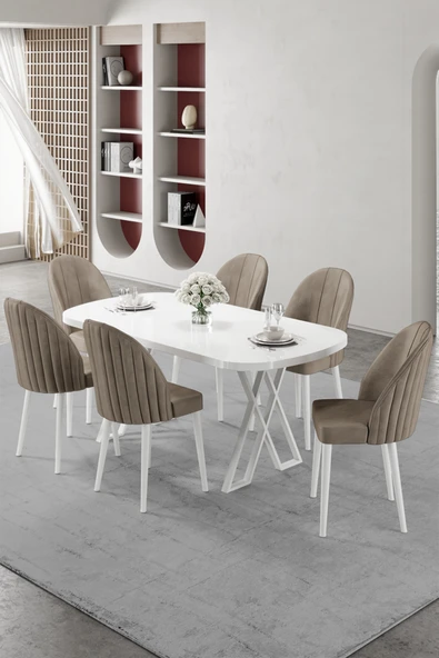 Canisa Kaye Serisi Mdf 90x168 Beyaz Mutfak Masası Takımı 6 Cappucino Sandalye ürün görseli 1