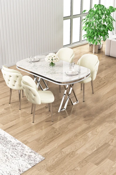 Canisa Zae Serisi 90x168 Lak Panel Beyaz Mermer Desen Krom Ayak Masa Takımı 4 Krem Sandalye ürün görseli 1