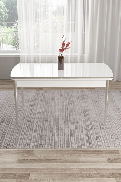 Canisa Tia Serisi,beyaz 80x132 Mdf Açılabilir Gümüş Ayaklı Yemek Masası ürün görseli 1