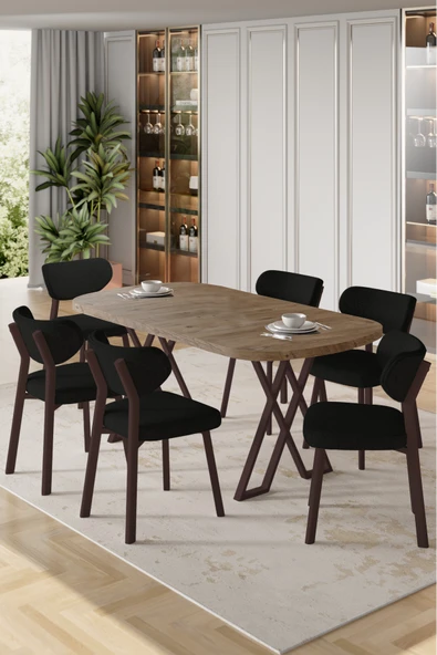 Canisa Axton Serisi Sabit Mdf 90x168 Atlantik Çam Mutfak Masa Takımı 6 Siyah Sandalye ürün görseli 1