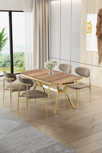 Canisa Olya Serisi 90x168 MDF Sabit Lak Panel Hazar Masa Takımı Gold Ayaklı 4 Cappucino Sandalye ürün görseli 1