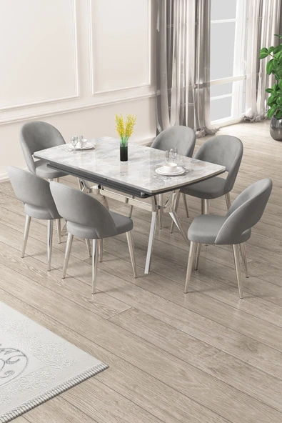 Canisa Weps Serisi 89x150 Açılabilir Lak Panel Rampla Gri Krom Ayak Masa Takımı ve 6 Gri Sandalye ürün görseli 1