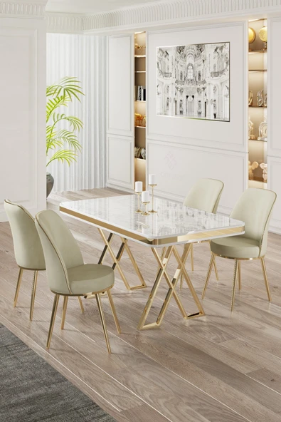 Canisa Vals Serisi 80x130 Lak Panel Beyaz Mermer Desen Masa Takımı Gold Ayaklı 4 Krem Sandalye ürün görseli 1