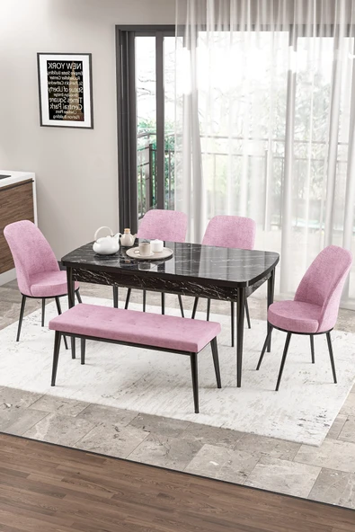Canisa Zen Serisi 80x132 Mdf Açılabilir Siyah Mermer Desen Masa Takımı 4 Pembe Sandalye Ve 1 Bench ürün görseli 1