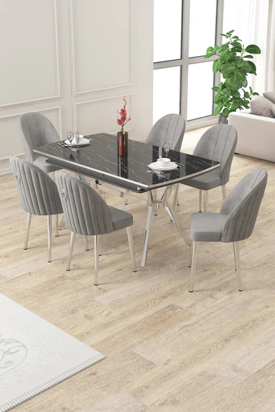 Canisa Sim Serisi 89x150 Açılabilir Lak Panel Siyah Mermer Krom Ayak Masa Takımı ve 6 Gri Sandalye ürün görseli 1