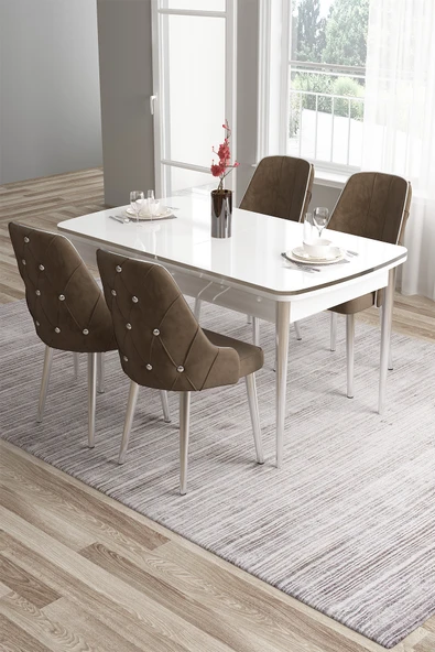 Canisa Tia Serisi 80x132 Açılabilir Mdf Mutfak Masası Takımı Beyaz Masa Krom Detay 4 Kahverengi Sandalye ürün görseli 1