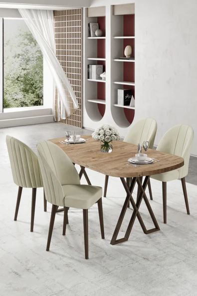 Canisa Kaye Serisi Mdf 90x168 Atlantik Çam Mutfak Masa Takımı 4 Krem Sandalye ürün görseli 1