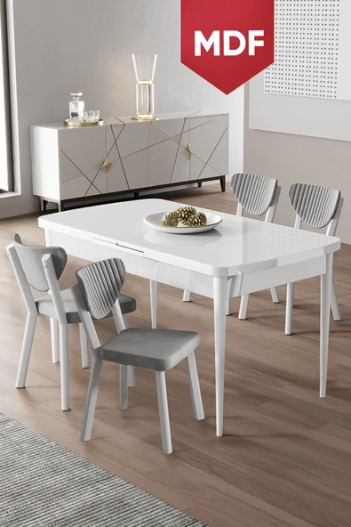 Canisa Exve Serisi 80x132 Açılabilir MDF Beyaz Masa Takımı ve 4 Gri Sandalye ürün görseli 1