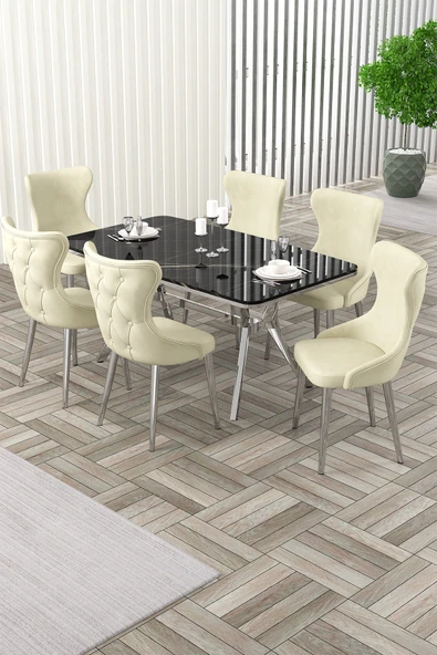 Canisa Esla Serisi 90x160 Lak Panel Sonata Krom Kaplama Ayaklı Masa Takımı ve 6 Krem Sandalye ürün görseli 1