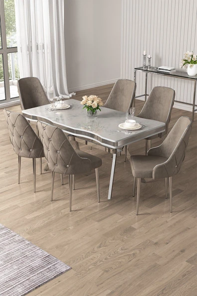 Canisa Vae Serisi 90x160 Lak Panel Beyaz Mermer Desen Krom Ayak Masa Takımı 6 Cappucino Sandalye ürün görseli 1
