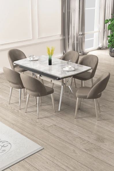Canisa Weps Serisi 89x150 Açılabilir Lak Panel Rampla Gri Krom Ayak Masa Takımı ve 6 Cappucino Sandalye ürün görseli 1