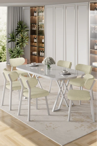 Canisa Axton Serisi Sabit Mdf 90x168 Beyaz Mutfak Masa Takımı 6 Krem Sandalye ürün görseli 1
