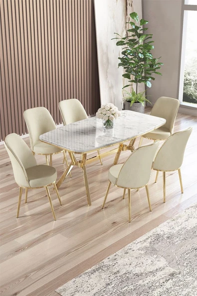 Canisa Lena Serisi 90x160 Lak Panel Beyaz Mermer Desen Gold Kaplama Ayaklı Masa Takımı ve 6 Krem Sandalye ürün görseli 1