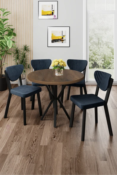 Canisa Agnes Serisi 90x90 Yuvarlak Barok Ahşap Desen Masa Takımı ve 4 Antrasit Sandalye ürün görseli 1