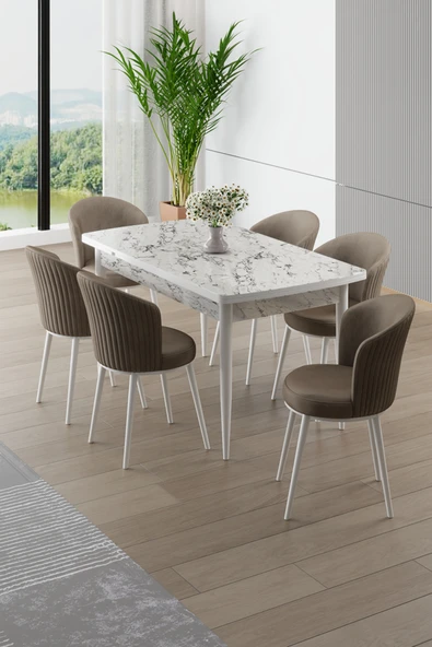 Canisa Asfel Serisi MDF 77x130 Beyaz Mermer Desen Yandan Açılabilir Mutfak Masa Takımı 6 Cappucino Sandalye ürün görseli 1