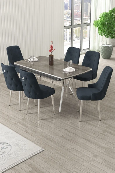 Canisa Nis Serisi 89x150 Açılabilir Lak Panel Antrasit İroni Krom Ayak Masa Takımı ve 6 Antrasit Sandalye ürün görseli 1