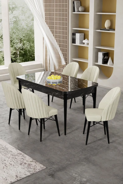 Canisa Gale Serisi 80x132 Açılabilir Lak Panel Siyah Mermer Desen Mutfak Masa Takımı 6 Krem Sandalye ürün görseli 1