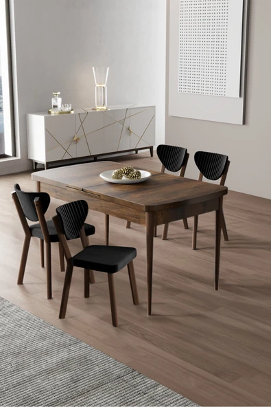 Canisa Exve Serisi 80x132 Açılabilir Barok Ahşap Desen Masa Takımı ve 4 Siyah Sandalye ürün görseli 1