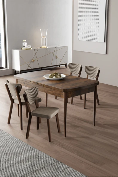 Canisa Exve Serisi 80x132 Açılabilir Barok Ahşap Desen Masa Takımı ve 4 Cappucino Sandalye ürün görseli 1