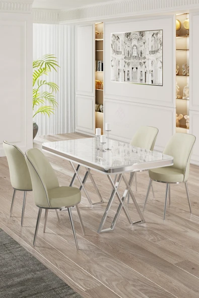 Canisa Vals Serisi 80x130 Lak Panel Beyaz Mermer Desen Masa Takımı Krom Ayaklı 4 Krem Sandalye ürün görseli 1