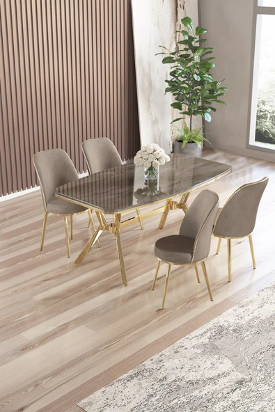 Canisa Lena Serisi 90x160 Antrasit İroni Gold Kaplama Ayaklı Masa Takımı ve 4 Cappucino Sandalye ürün görseli 1