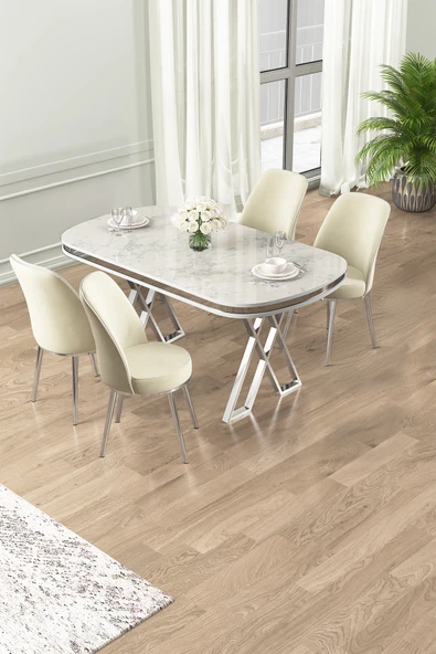 Canisa Lai Serisi 90x168 Lak Panel Beyaz Mermer Desen Masa ve 4 Sandalye Krom Ayak ürün görseli 1