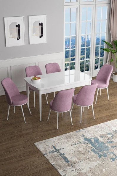 Canisa Han Serisi, Beyaz 70x114 Açılabilir Mdf Mutfak Masa Takımı, 6 Pembe Sandalye ürün görseli 1